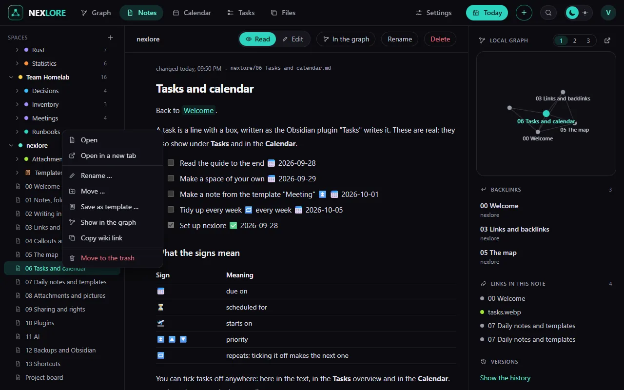 The context menu of a note in the sidebar with Open, Rename, Move and more