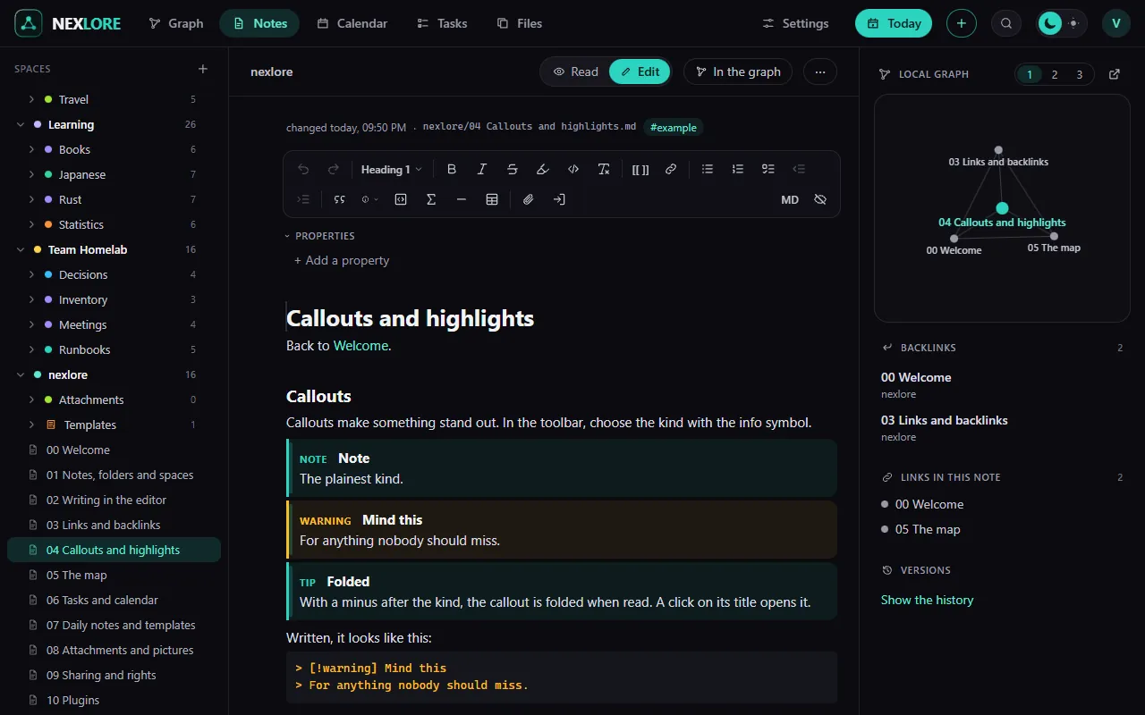 Der Editor mit seiner Werkzeugleiste oben und einer Notiz mit Überschriften, Liste und Hinweiskasten