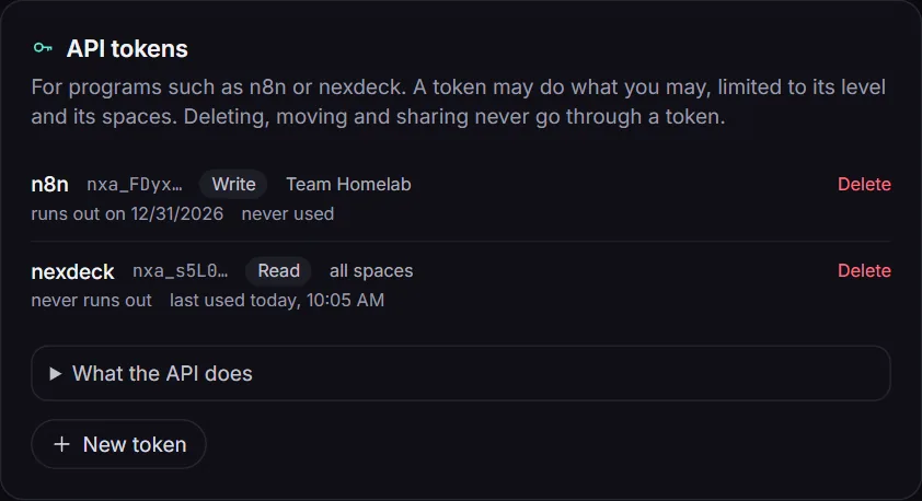 The API tokens card in the account with two tokens, their level, their spaces and when they run out