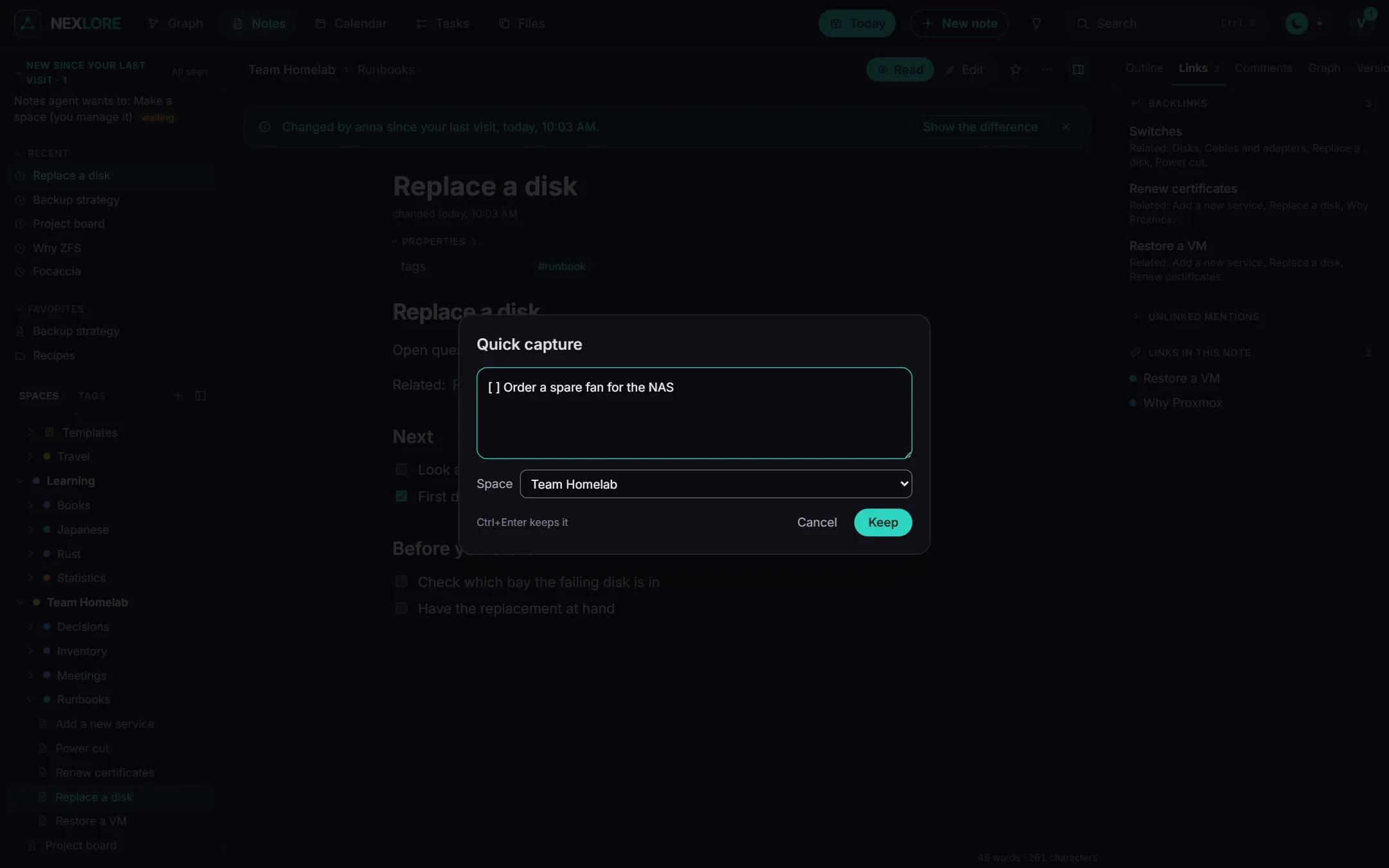 The Quick capture window with a text field, the choice of space and the Keep button
