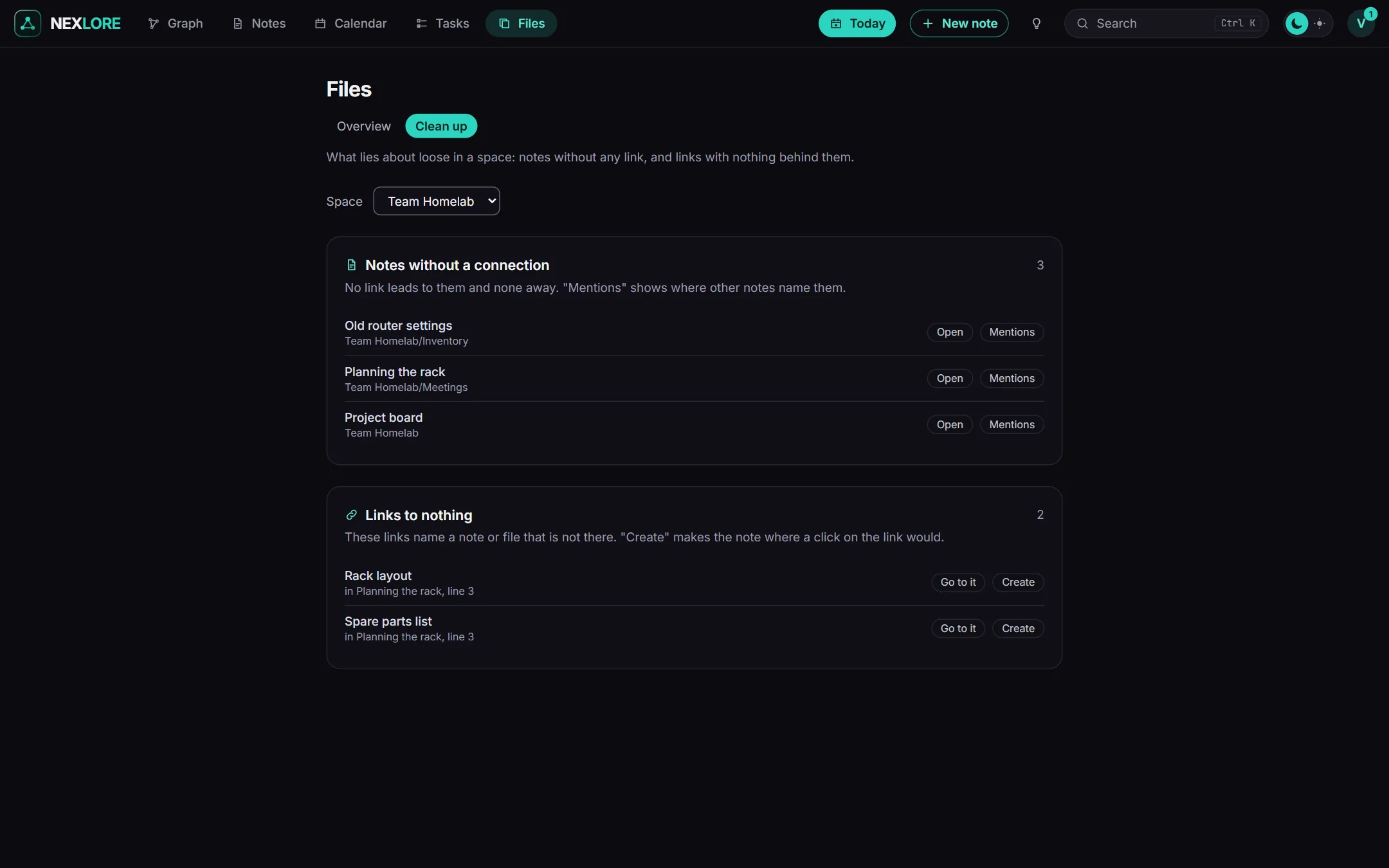The clean up page with the lists Notes without a connection and Links to nothing