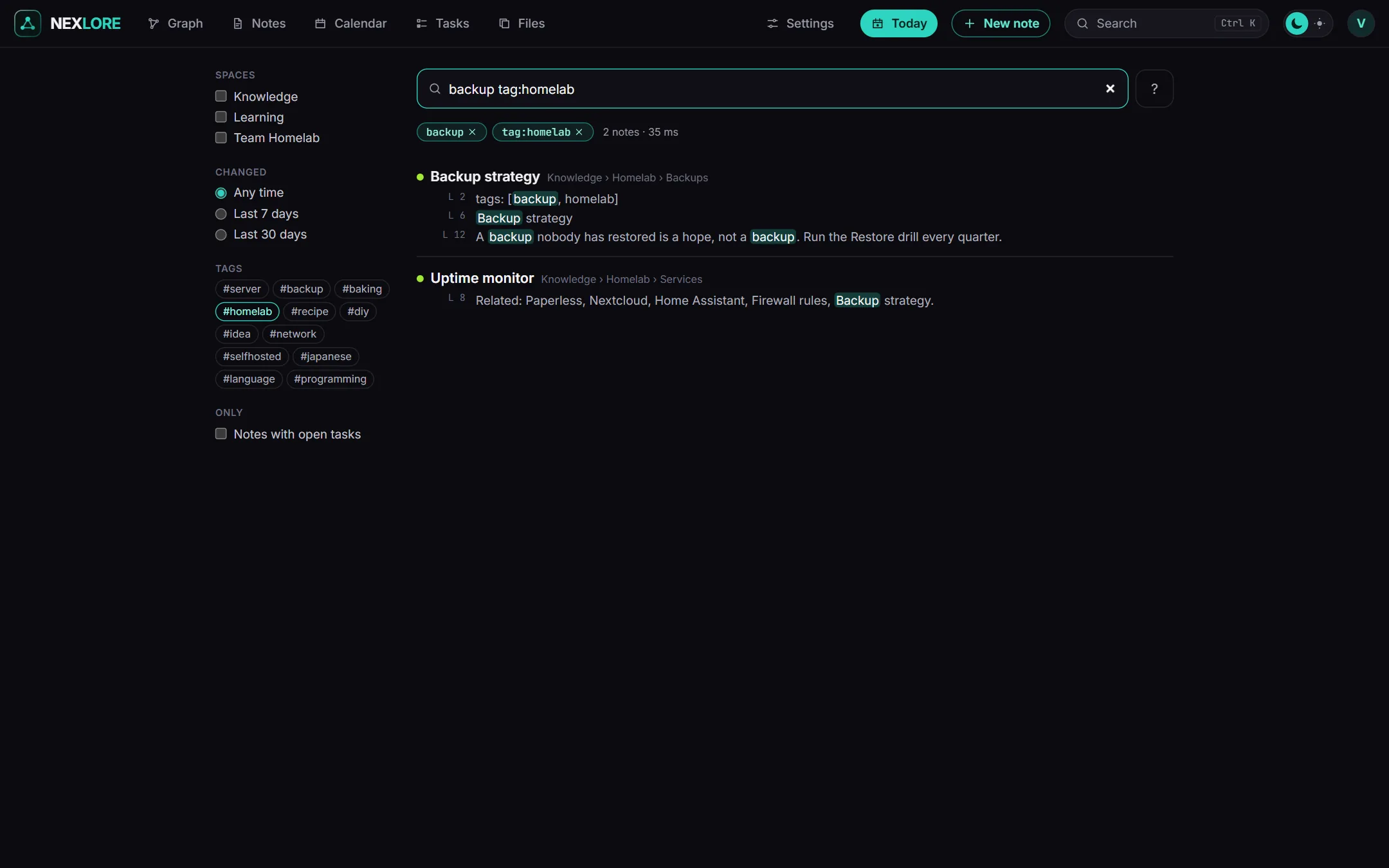 The search page with the search text backup tag:homelab, filters on the left and hit lines with line numbers